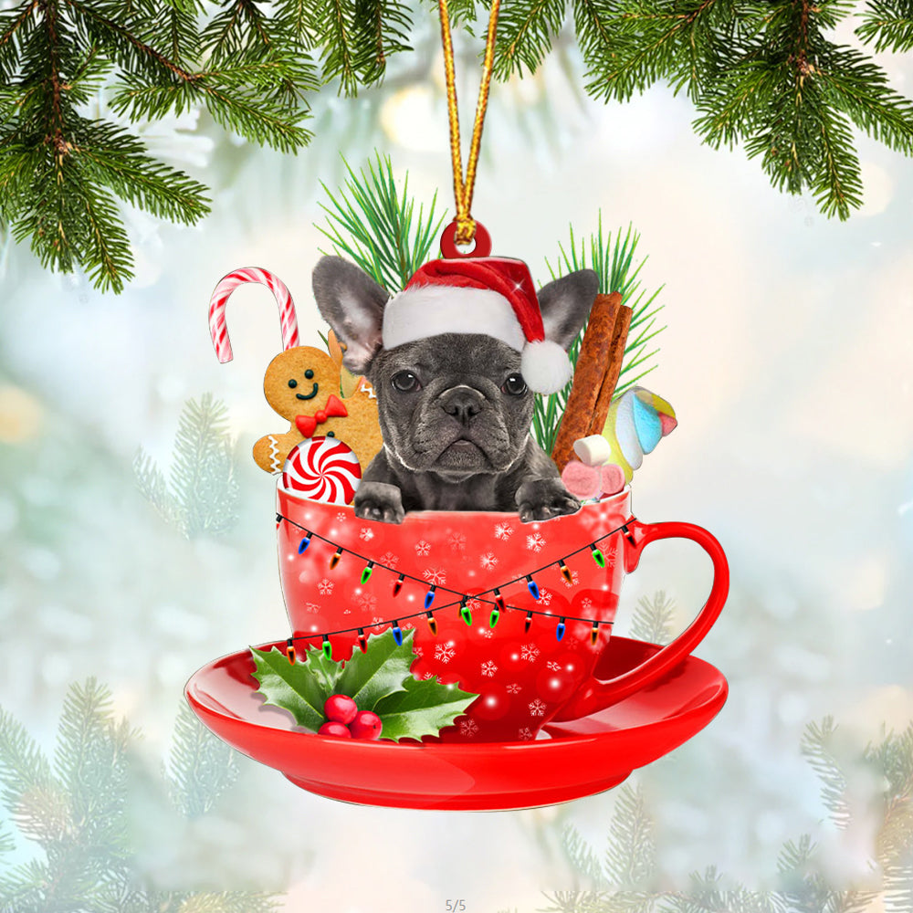 Grey French Bulldog In Cup Merry Christmas Ornament Flat Acrylic Dog Ornament OO1874