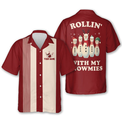 Rollin’ With My Snowmies Custom Retro Xmas Bowling Hawaiian Shirts Men And Women, Custom Christmas Bowling Shirts HB0189