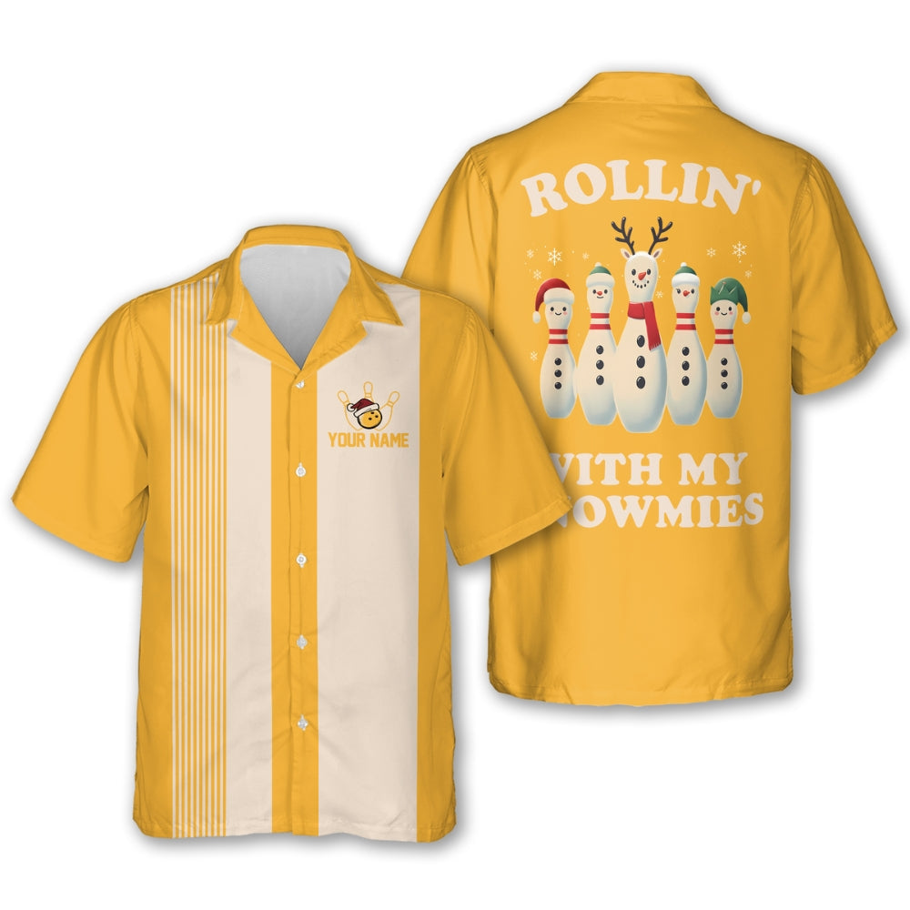Rollin’ With My Snowmies Custom Retro Xmas Bowling Hawaiian Shirts Men And Women, Custom Christmas Bowling Shirts HB0189