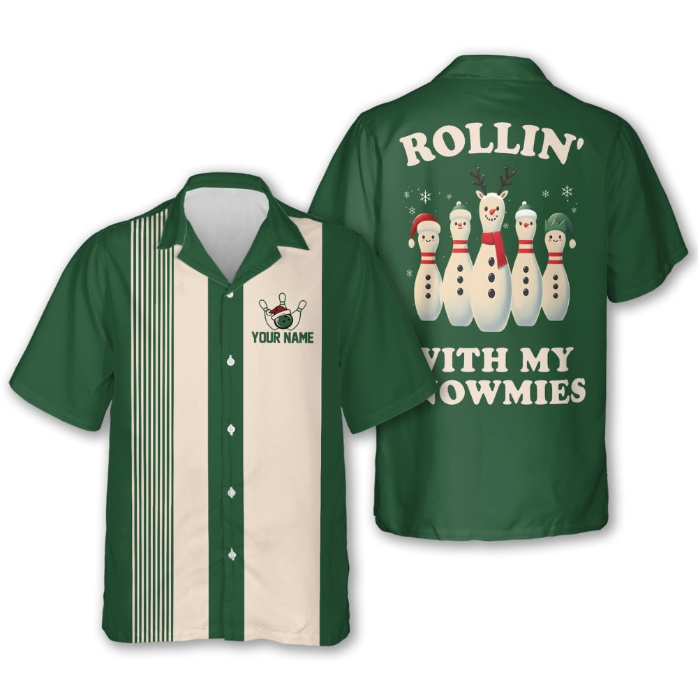 Rollin’ With My Snowmies Custom Retro Xmas Bowling Hawaiian Shirts Men And Women, Custom Christmas Bowling Shirts HB0189