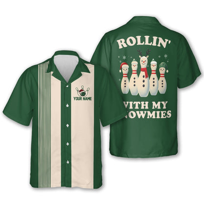 Rollin’ With My Snowmies Custom Retro Xmas Bowling Hawaiian Shirts Men And Women, Custom Christmas Bowling Shirts HB0189