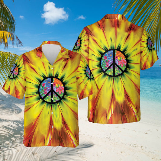 Spiritual Hippie Floral Pattern Peace Sign Tie Dye Trippy Hawaiian Shirt HO1429