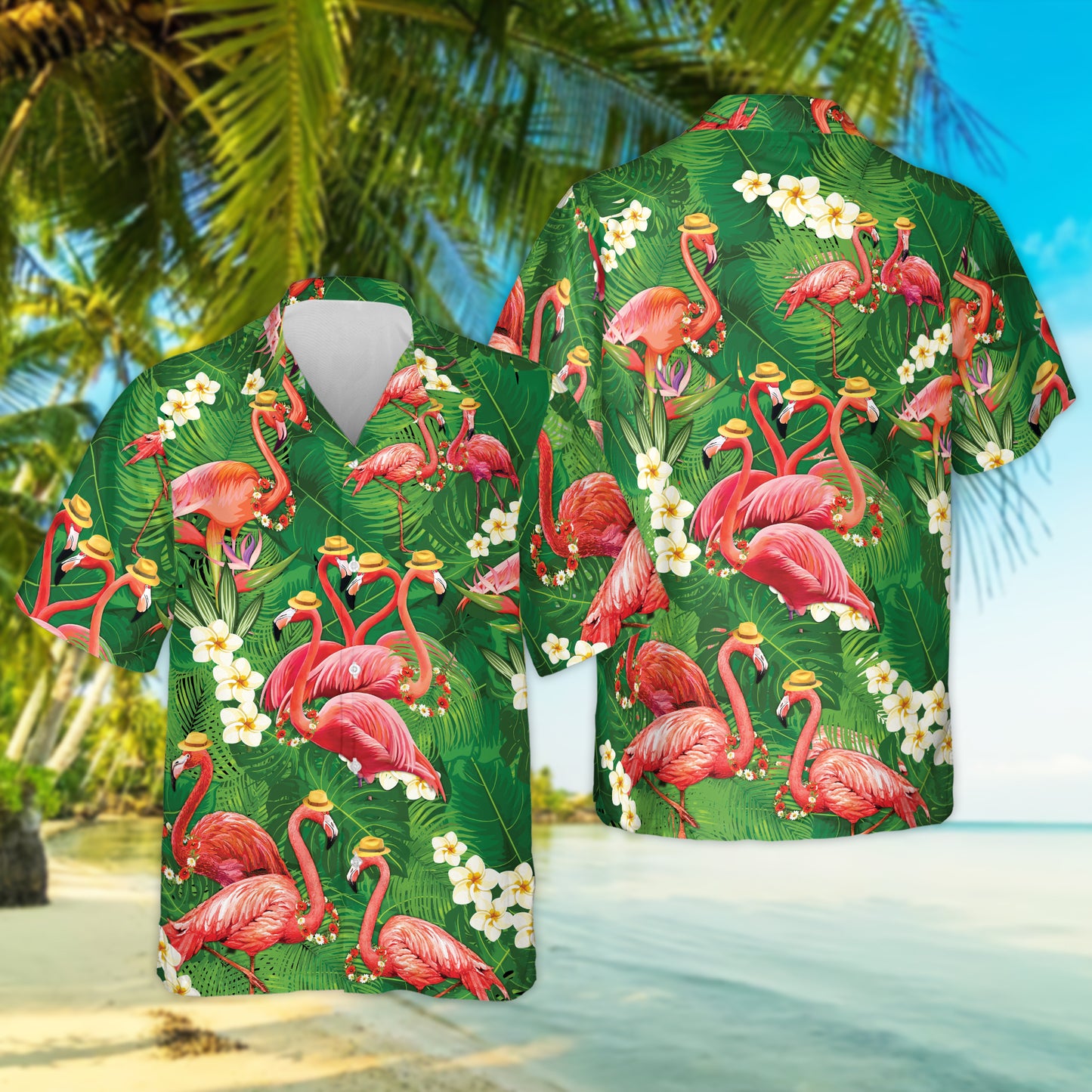 Flamingo Green Tropical Hawaiian Shirt, Short Sleeve Summer Vacation Beach Shirts for men HO3399