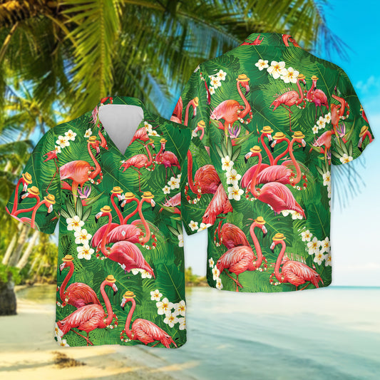 Flamingo Green Tropical Hawaiian Shirt, Short Sleeve Summer Vacation Beach Shirts for men HO3399