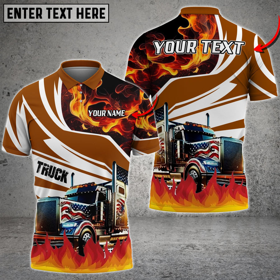 Truck Flame U.S Flag Pattern Personalized Name Shirt For Truck Driver, Truck Flag Polo Shirt TO3534