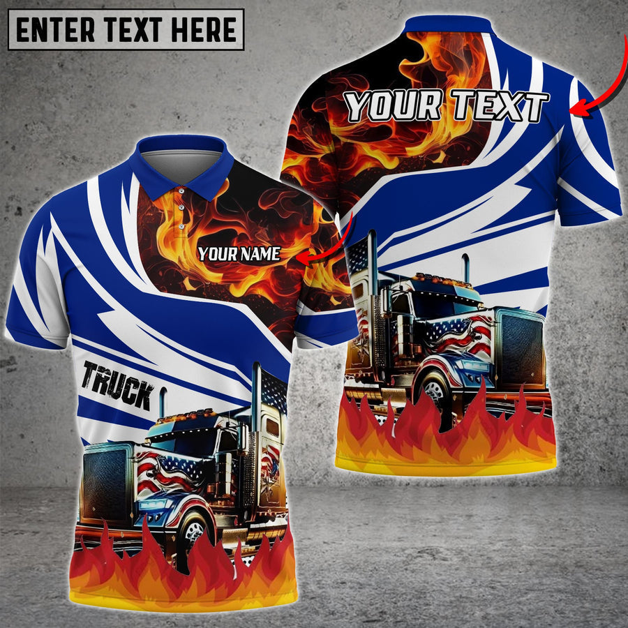Truck Flame U.S Flag Pattern Personalized Name Shirt For Truck Driver, Truck Flag Polo Shirt TO3534