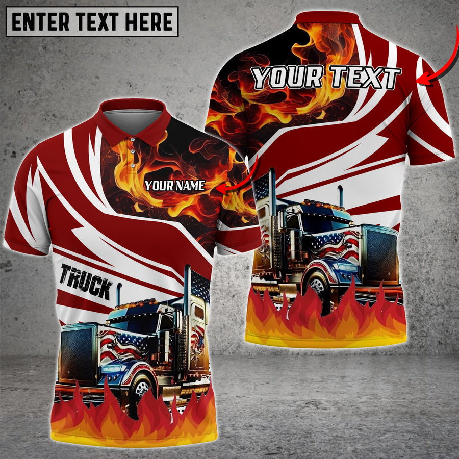 Truck Flame U.S Flag Pattern Personalized Name Shirt For Truck Driver, Truck Flag Polo Shirt TO3534