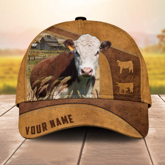 Custom Name Hereford Cale 3D Cap 3D All Over Print Baseball Cap, Cap For Farm Lovers, Animal Cap, Leather Pattern Cap CA2985