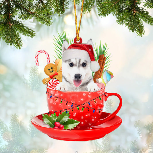 Husky In Cup Merry Christmas Ornament Flat Acrylic Dog Ornament OO1862