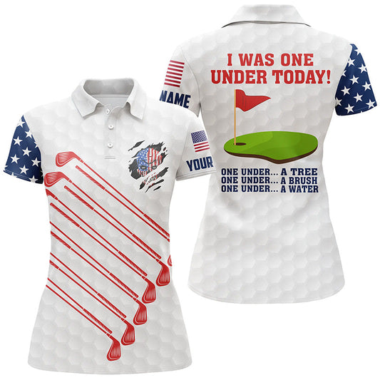 American Flag Golf Clubs Custom Womens Golf Polo Shirt I Was One Under Today One Under Tree Bush Water GO0019