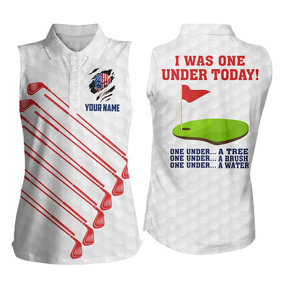 American Flag Golf Clubs Custom Womens Golf Polo Shirt I Was One Under Today One Under Tree Bush Water GO0019