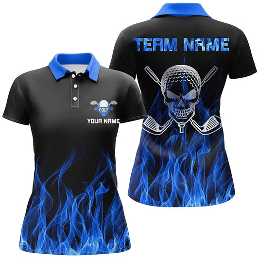Black Womens Golf Polo Shirt Custom Multicolor Flame Skull Golf Clubs, Personalized Golf Gifts For Women GO0008