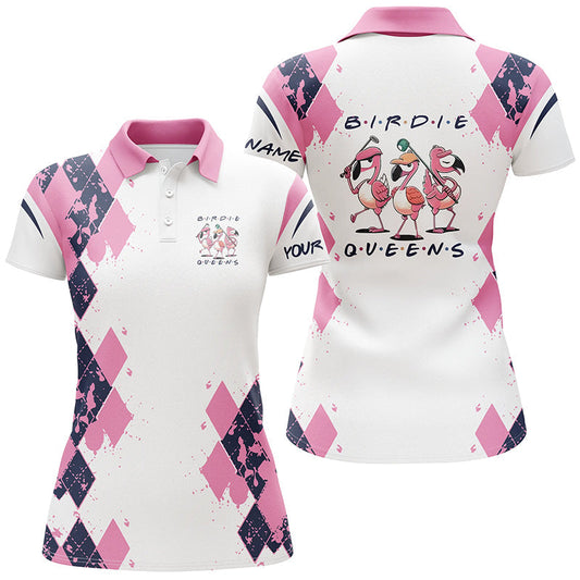 Womens Golf Polo Shirts Custom Name Pink Argyle Pattern Birdie Queen White Golf Outfit For Women SO1100