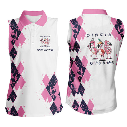 Womens Golf Polo Shirts Custom Name Pink Argyle Pattern Birdie Queen White Golf Outfit For Women SO1100