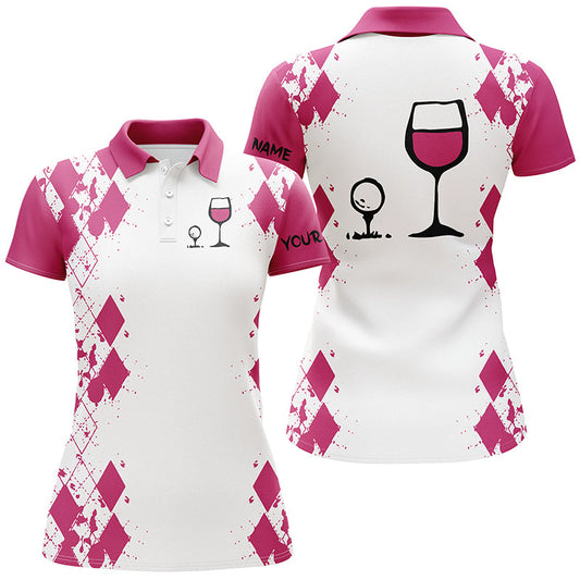 White Pink Argyle Pattern Women Golf Shirt Golf & Wine Custom Name Women Golf Polo Shirt SO0823