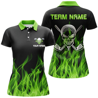 Black Womens Golf Polo Shirt Custom Multicolor Flame Skull Golf Clubs, Personalized Golf Gifts For Women GO0008