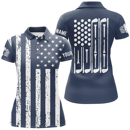 White American flag golf clubs Womens golf polo shirt custom patriotic ladies golfing attire Navy GO0010