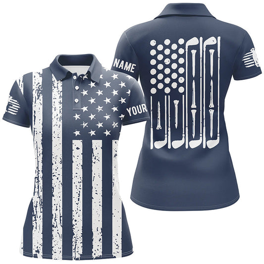 White American flag golf clubs Womens golf polo shirt custom patriotic ladies golfing attire Navy GO0010