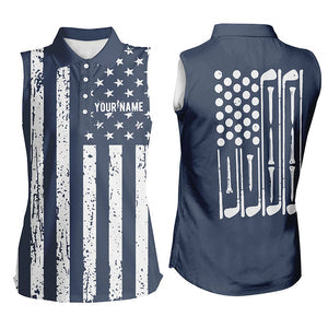 White American flag golf clubs Womens golf polo shirt custom patriotic ladies golfing attire Navy GO0010