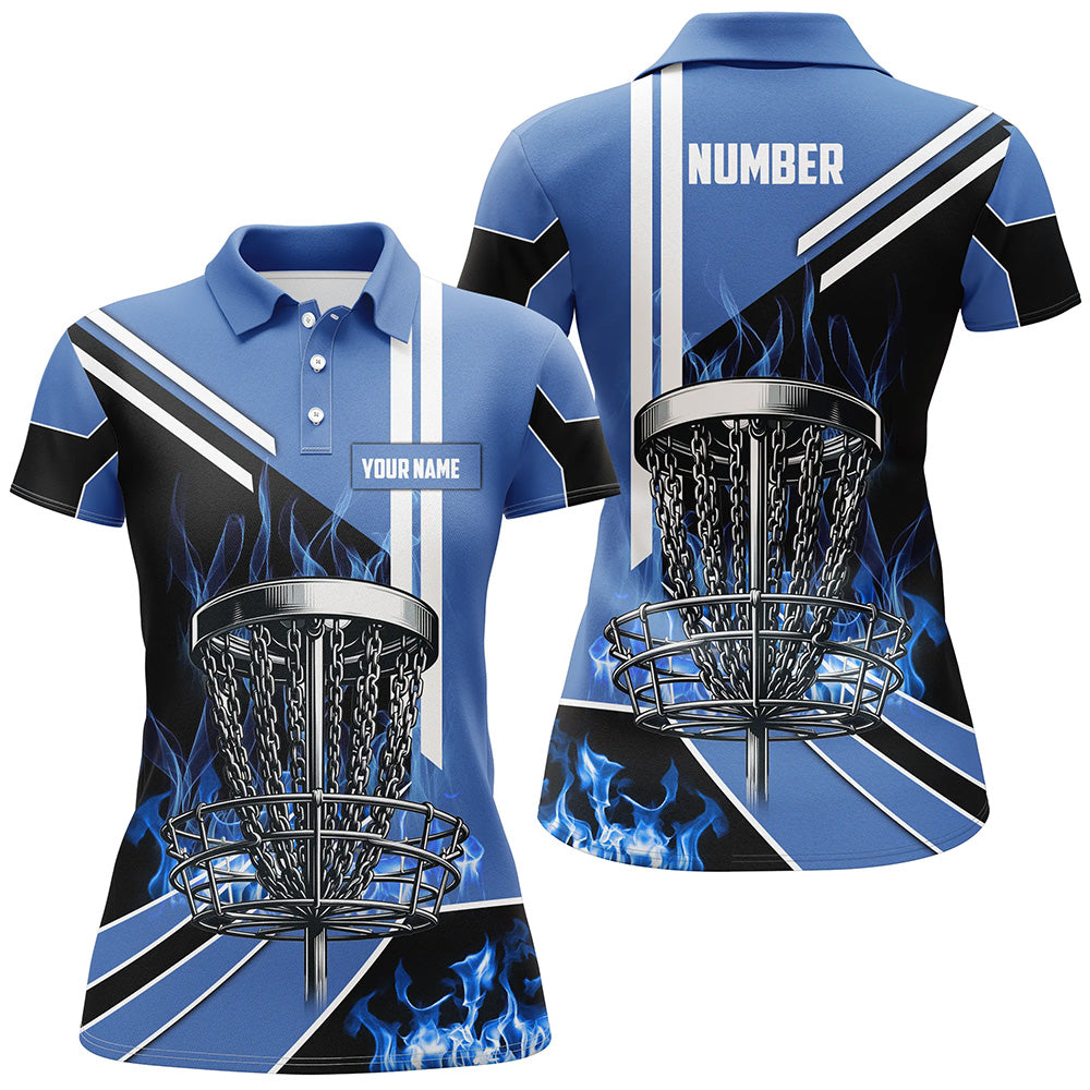 Women Disc Golf Polo Shirts Custom Blue Flame Disc Golf Basket Frisbee ...