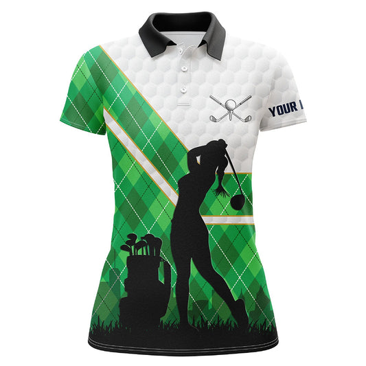 Green Argyle Pattern White Golf Ball Women Golf Polo Shirt Custom Golfing Gifts, Ladies Golf Tops SO1097
