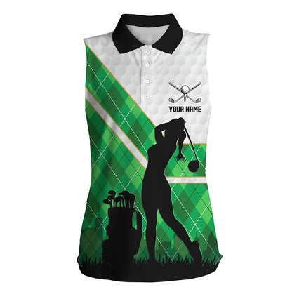 Green Argyle Pattern White Golf Ball Women Golf Polo Shirt Custom Golfing Gifts, Ladies Golf Tops SO1097