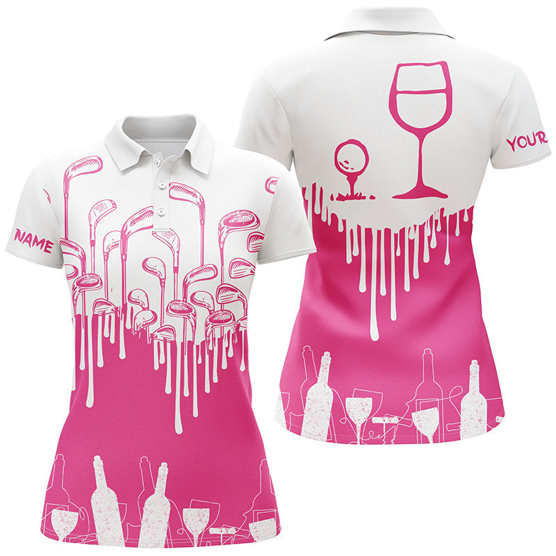 White And Pink Women Golf Shirt Golf & Wine Custom Name Women Golf Polo Shirts, Wine Golf Shirt SO0930