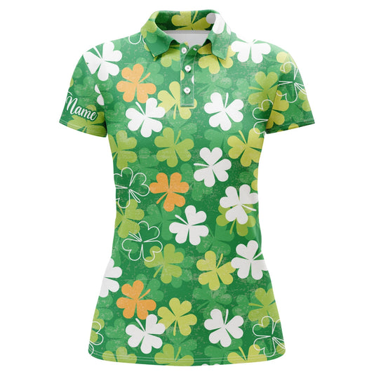 Womens Golf Polo Shirt Green Clover Pattern Custom Name St. Patrick's Day Pattern Ladies Golf Shirt SO1103