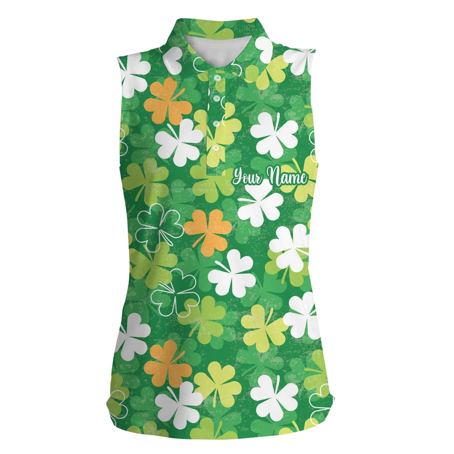 Womens Golf Polo Shirt Green Clover Pattern Custom Name St. Patrick's Day Pattern Ladies Golf Shirt SO1103