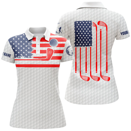 American Flag Patriotic Womens Golf Polo Shirt Custom Name White Golf Polo Shirt, Unique Golf Gifts SO1102