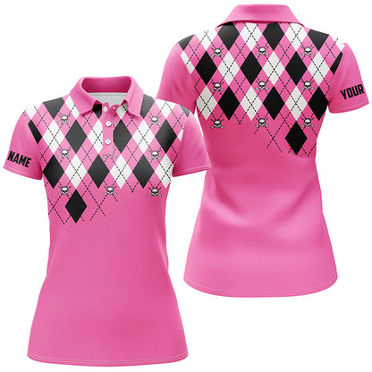 Womens Golf Polo Shirt Plus Size Pink Argyle Plaid Golf Skull Pattern Custom Ladies Pink Golf Tops SO0931
