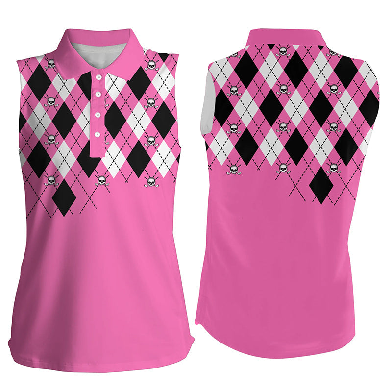 Womens Golf Polo Shirt Plus Size Pink Argyle Plaid Golf Skull Pattern Custom Ladies Pink Golf Tops SO0931