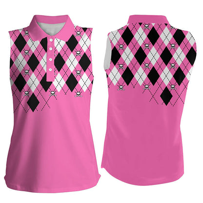 Womens Golf Polo Shirt Plus Size Pink Argyle Plaid Golf Skull Pattern Custom Ladies Pink Golf Tops SO0931