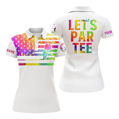 Women Golf Polo Shirts Watercolor American Flag Patriot Custom Name Let’s Par Tee White Golf Shirt SO0932