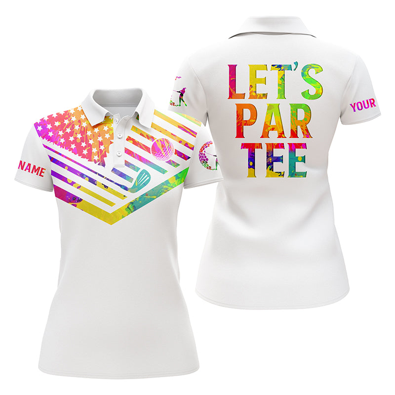 Women Golf Polo Shirts Watercolor American Flag Patriot Custom Name Let’s Par Tee White Golf Shirt SO0932