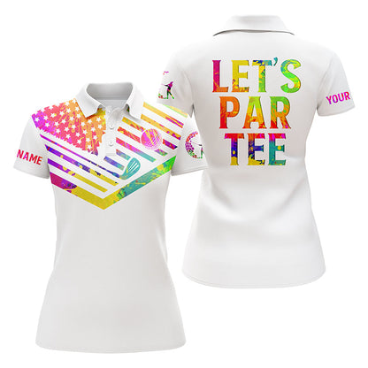 Women Golf Polo Shirts Watercolor American Flag Patriot Custom Name Let’s Par Tee White Golf Shirt SO0932