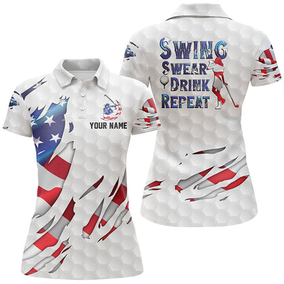 Swing Swear Drink Repeat American Flag Golf Polo Shirt Custom Patriotic Golf Shirts For Women GO0015