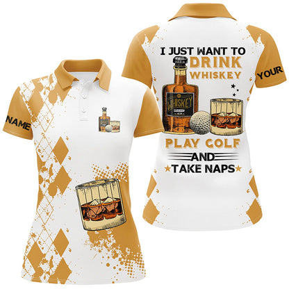 I Just Want To Drink Whiskey Golf Polo Shirts Customized Yellow Argyle Golf Shirts For Women GO0016