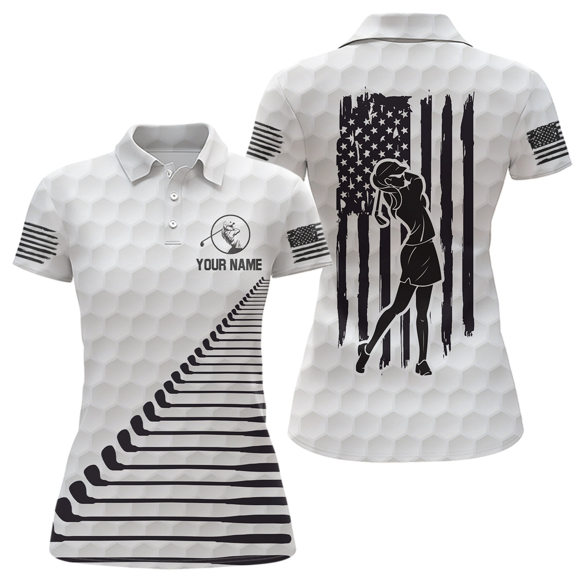 Black White American Flag Golf Polo Shirts Custom Patriotic Golf Shirts For Women Golf Clubs GO0011