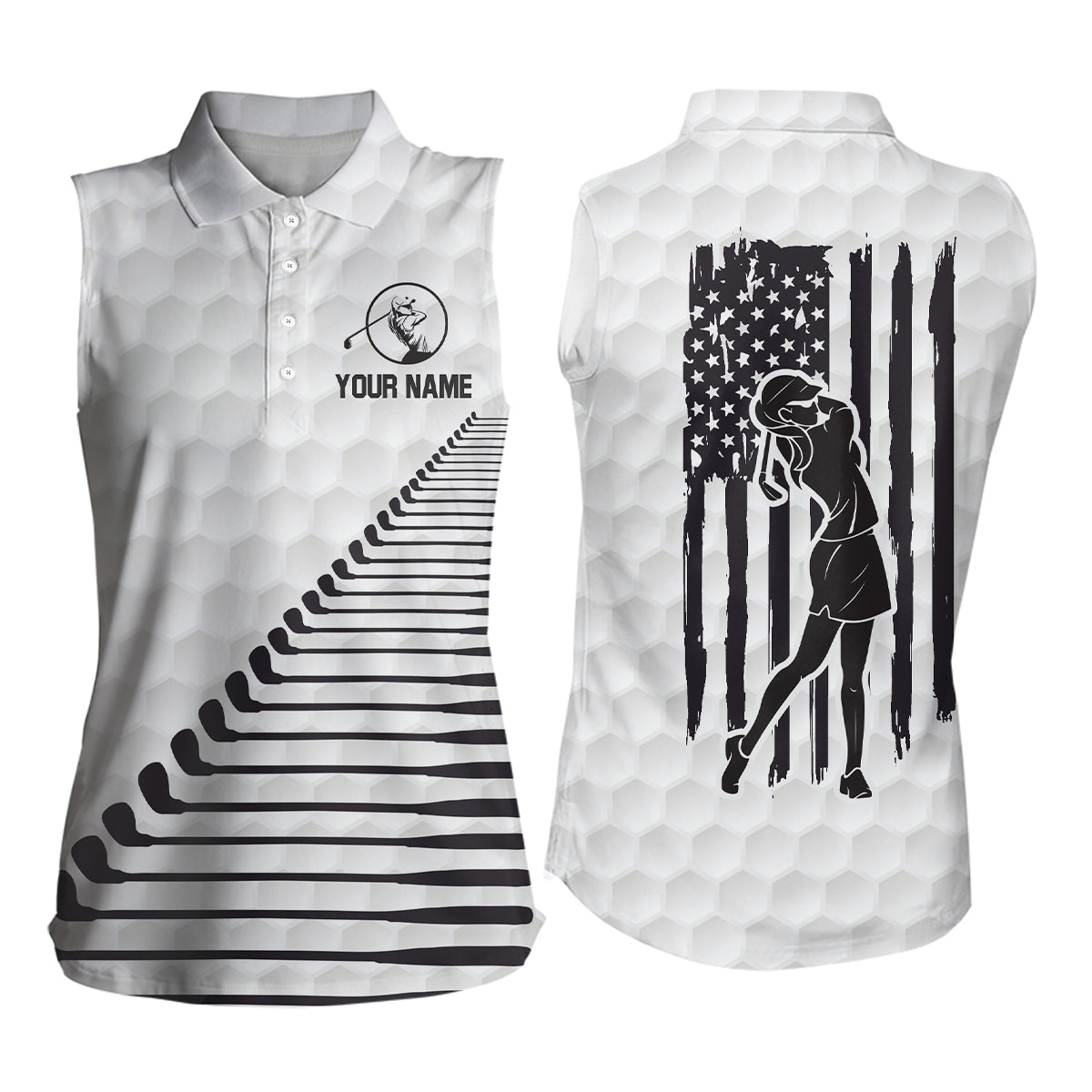 Black White American Flag Golf Polo Shirts Custom Patriotic Golf Shirts For Women Golf Clubs GO0011