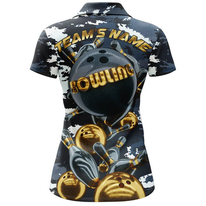 Womens Custom Camouflage Gold Ball Bowling Polo Shirt, Custom Camo Team Bowling Shirt For Women BZ0704