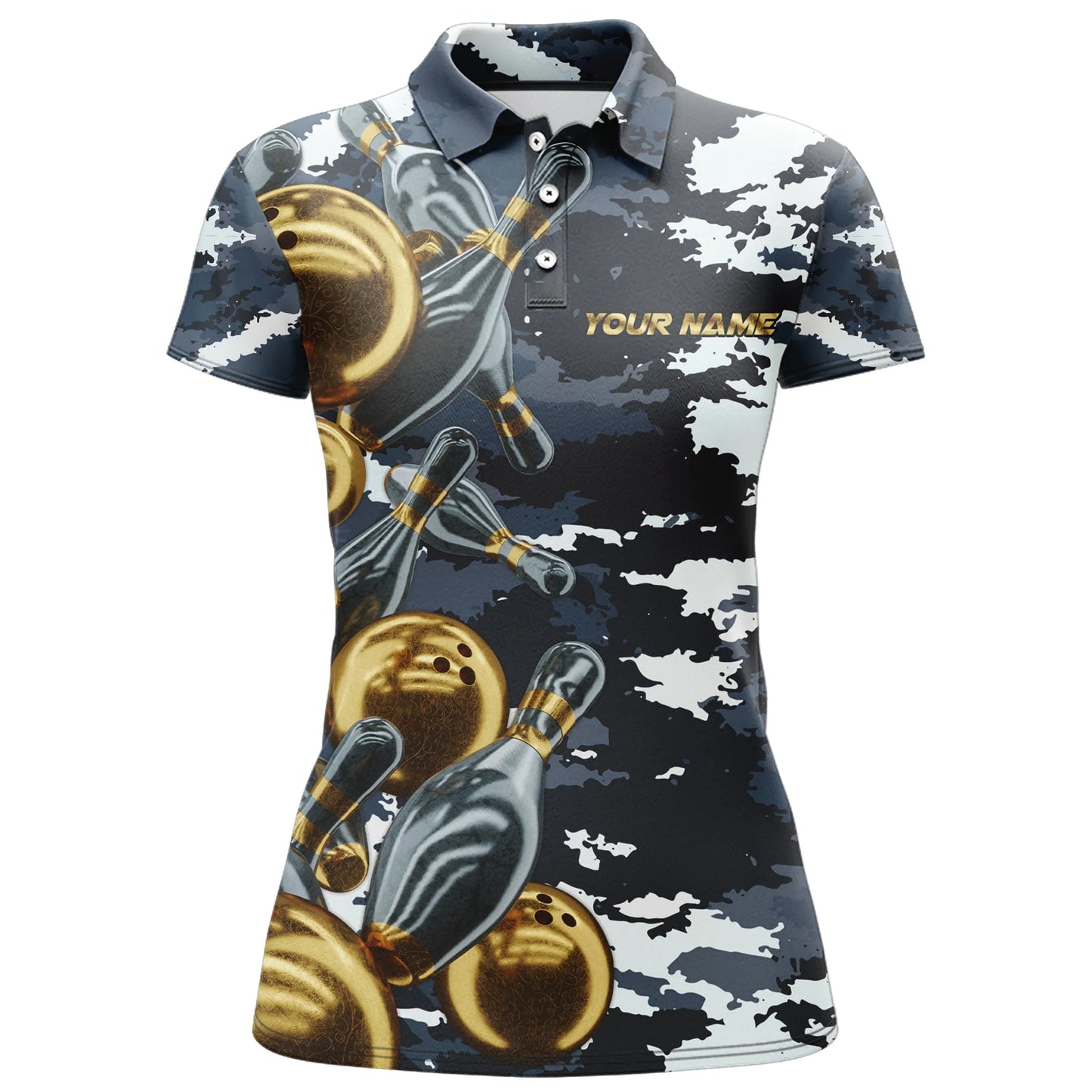 Womens Custom Camouflage Gold Ball Bowling Polo Shirt, Custom Camo Team Bowling Shirt For Women BZ0704