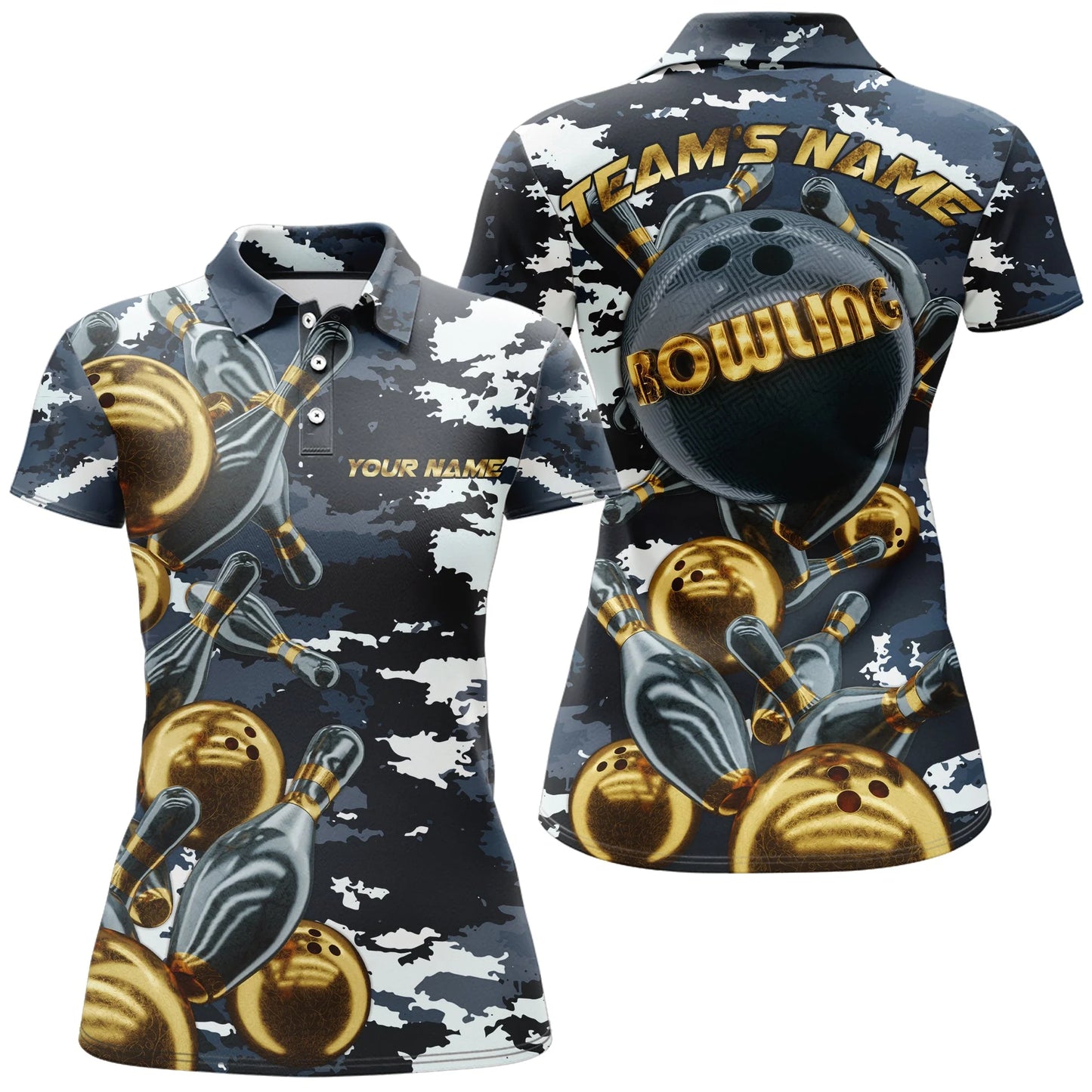 Womens Custom Camouflage Gold Ball Bowling Polo Shirt, Custom Camo Team Bowling Shirt For Women BZ0704