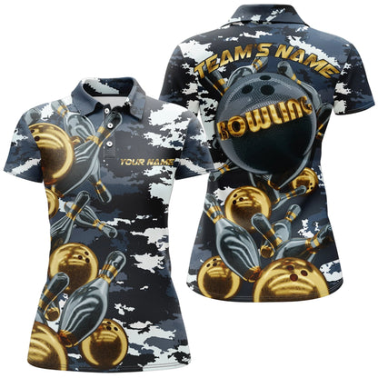 Womens Custom Camouflage Gold Ball Bowling Polo Shirt, Custom Camo Team Bowling Shirt For Women BZ0704