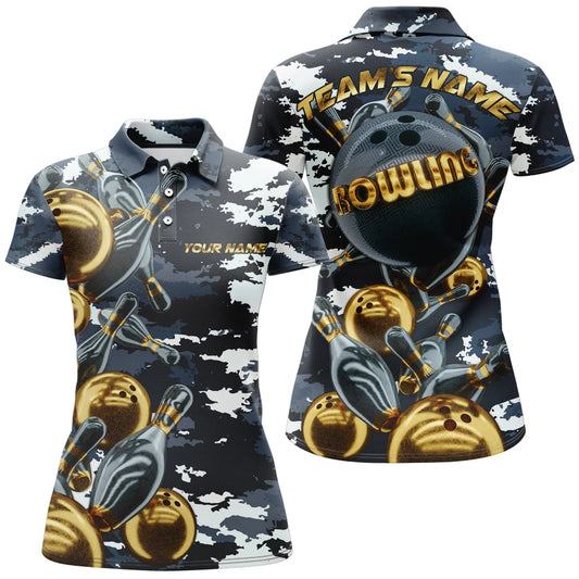 Womens Custom Camouflage Gold Ball Bowling Polo Shirt, Custom Camo Team Bowling Shirt For Women BZ0704