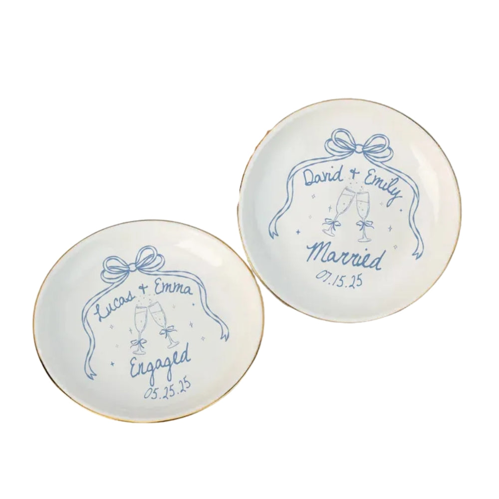 Personalized Bow Couple Engaged Married Ring Dish, Custom Engagement Jewelry Dish For Bride WD0082