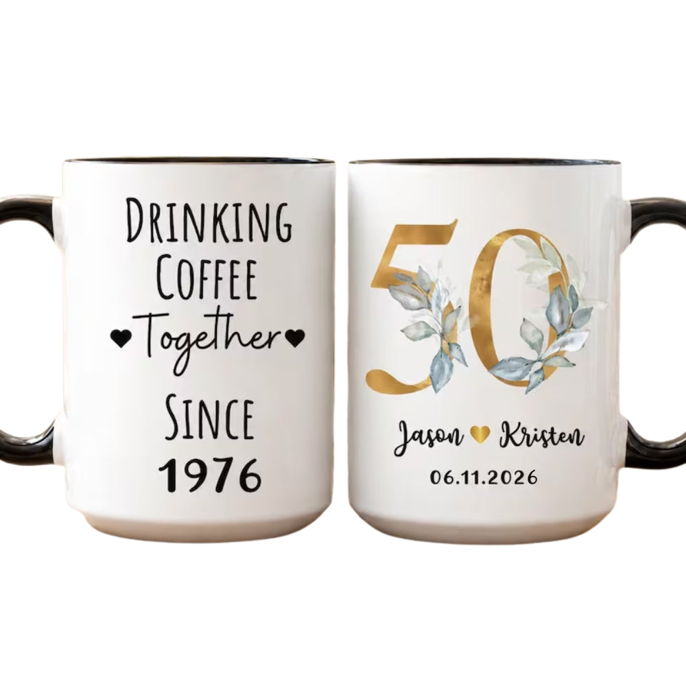 Drinking Coffee Together Personalized 50th Wedding Anniversary Mug, Personalized Anniversary Mug for Couple WD0143