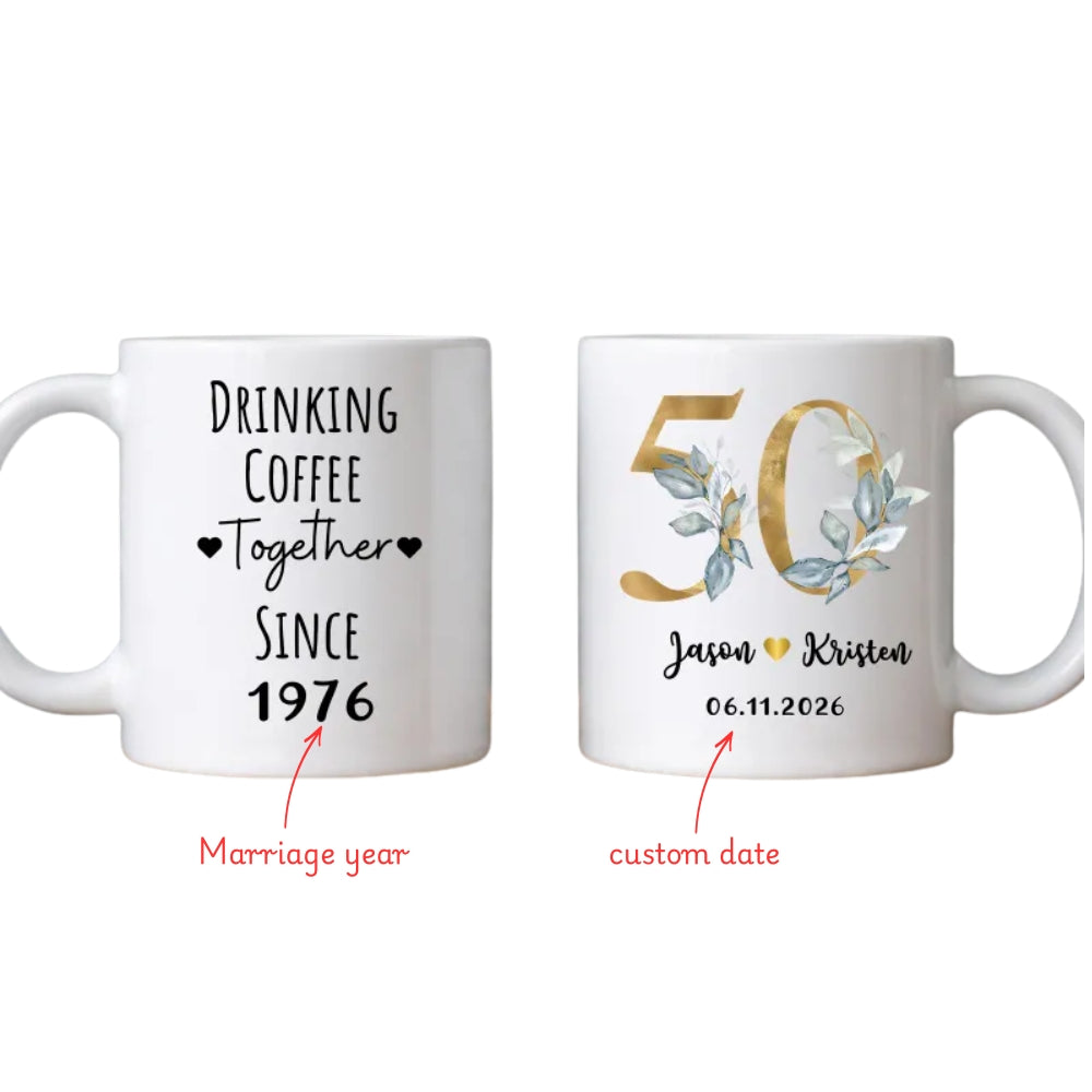 Drinking Coffee Together Personalized 50th Wedding Anniversary Mug, Personalized Anniversary Mug for Couple WD0143
