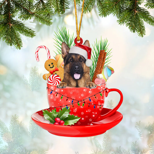 LONG HAIRED German Shepherd In Cup Merry Christmas Ornament Flat Acrylic Dog Ornament OO1844