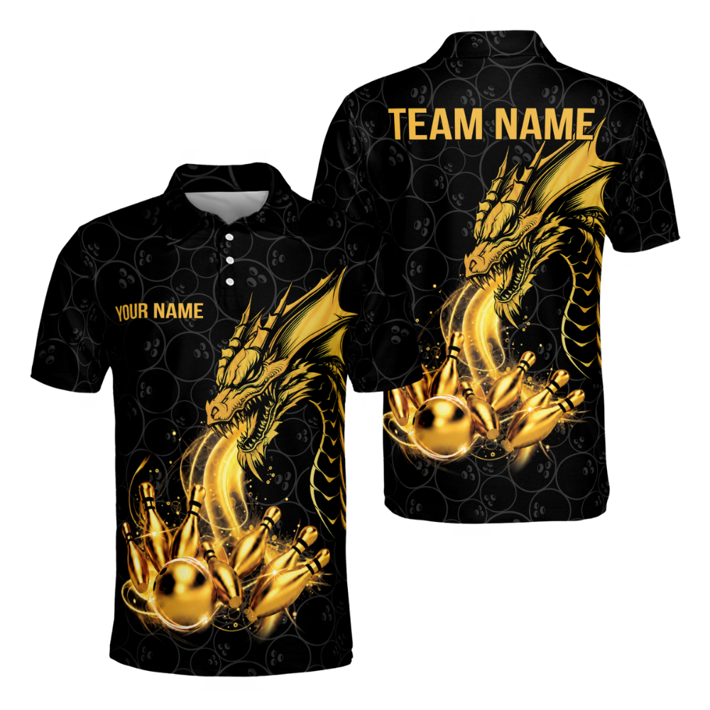 Custom Dragon Black And Gold Bowling Polo Shirts For Men, Custom Dragon Team Bowling Shirts BM0353